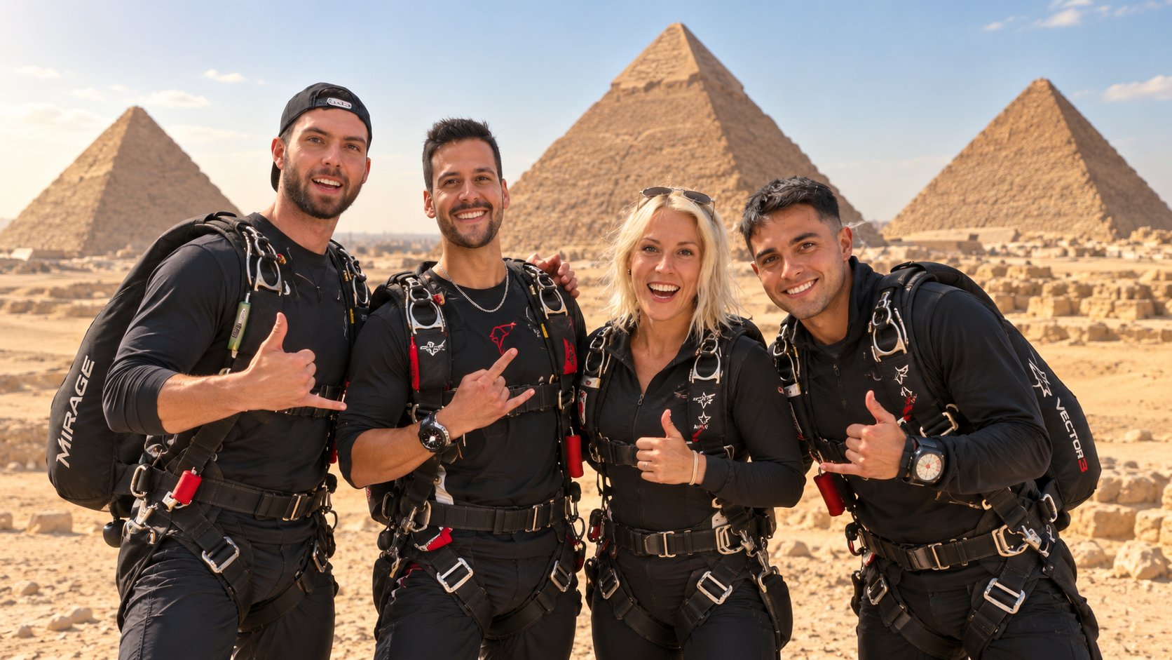 Parachutistes devant les pyramides de Gizeh